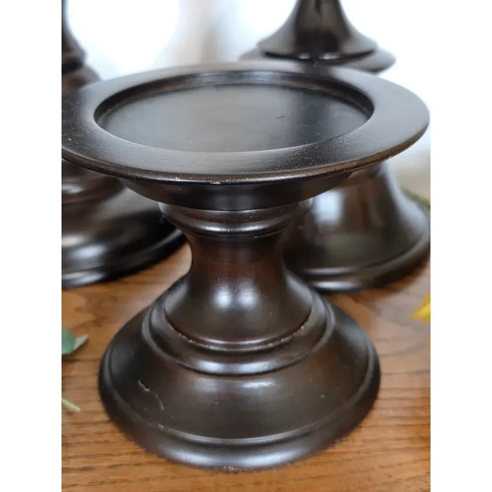 Pottery Barn Turned Wood Pillar Candle Holders Set Dark Brown Espresso 3 Pc